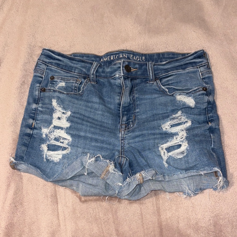 American Eagle Outfitters Light Blue High Rise Shortie Ripped Jean Shorts 8